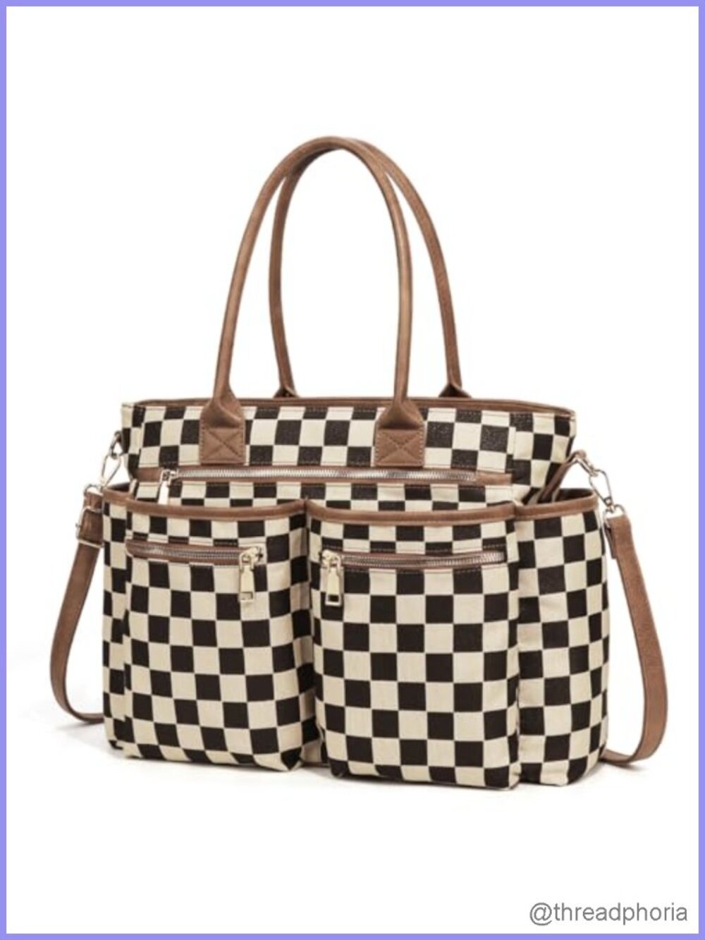 Checkered Tote Bag Large Crossbody Handbag Adjustable Strap PU Canvas
